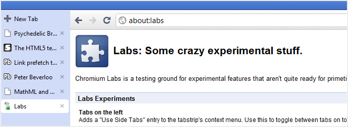 Google Chrome's new about:labs page