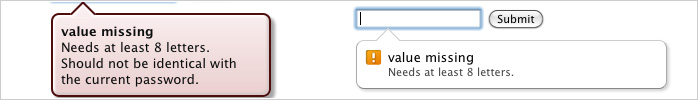 A new appearance for form validation messages has been implemented for Chromium on Mac OS X (right = new)